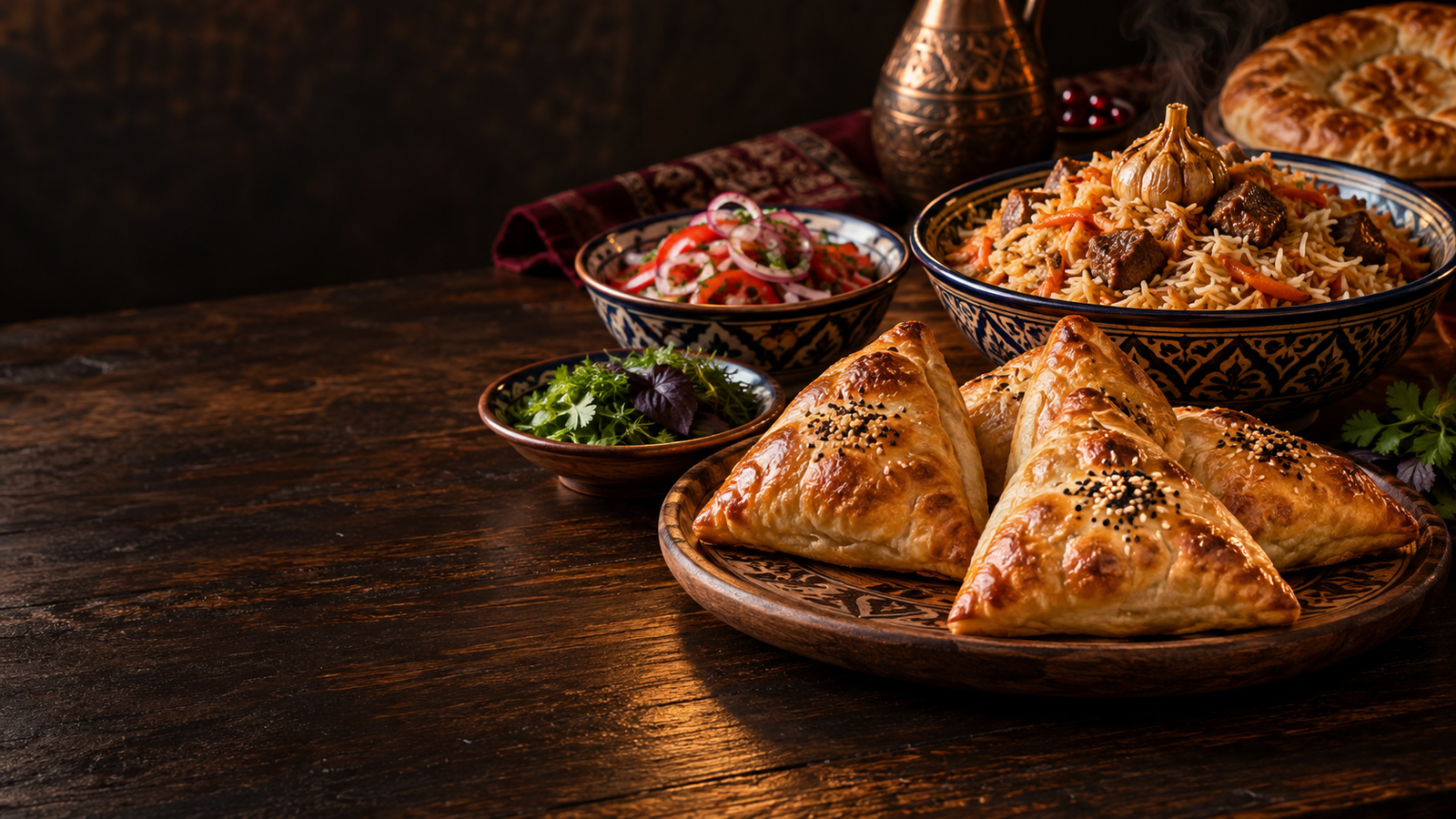 Central Asian table with golden samsa, plov and fresh salad